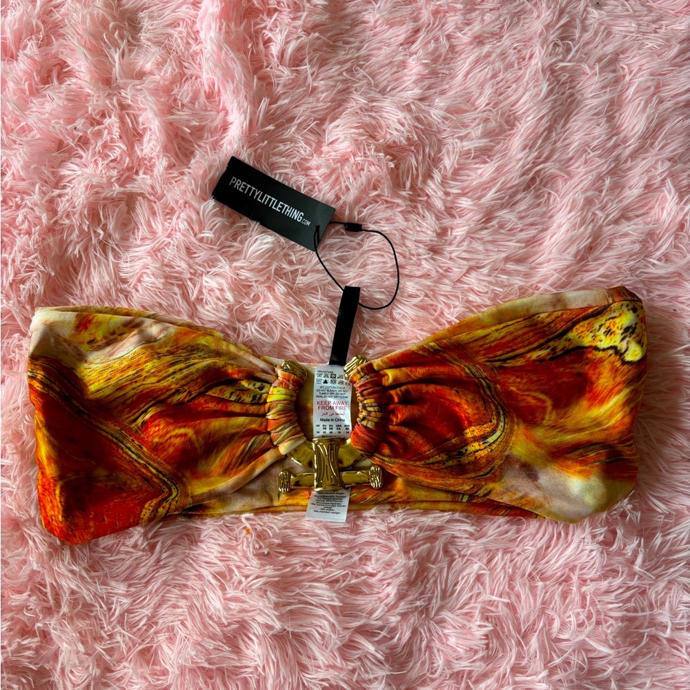 Orange Marble Print Bandeau Hammered Trim Bikini Top